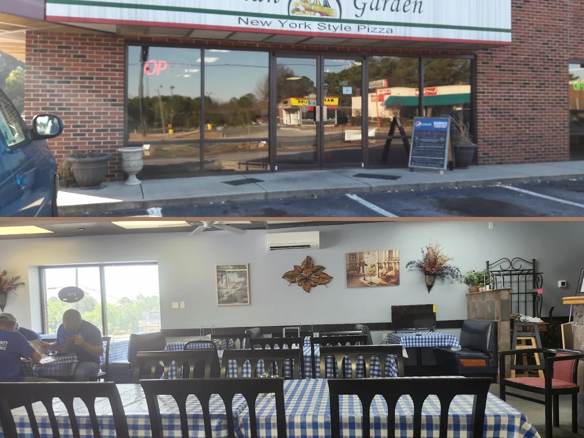 Italian restaurant dining room with simple tables and chairs.