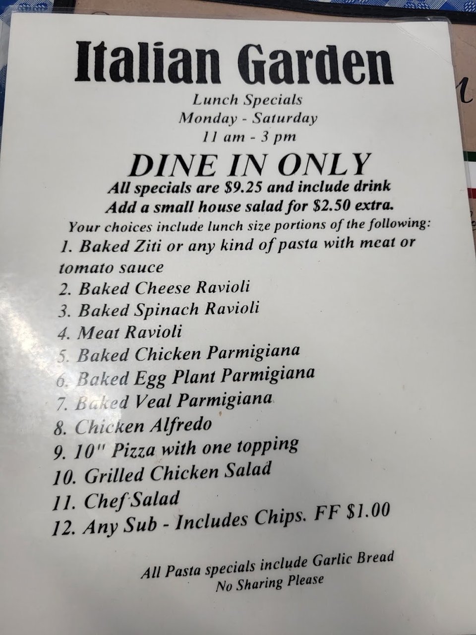 Restaurant menu featuring pasta and sweet desserts.