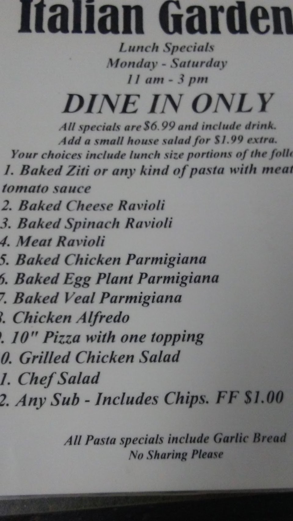 Menu layout with classic Italian lunch choices.